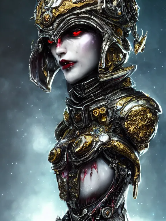 Image similar to portrait art of 8k ultra realistic undead vampire queen, ornate intricate smashed galaxy helmet , detailed intricate ornate armour,blade runner, cybernetic, full of colour, cinematic lighting, battered, trending on artstation, 4k, hyperrealistic, focused, extreme details,unreal engine 5, cinematic, masterpiece, art by ayami kojima, giger