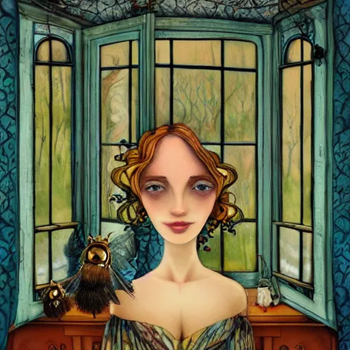 Image similar to a portrait of a woman standing infront of a window, she is happy and has lovely hair and eyes, a man is standing behind her with a look of suprise in his face, 🪴🌳🐝, 8 k, lowbrow, in the style of daniel merriam and alexander jansson,