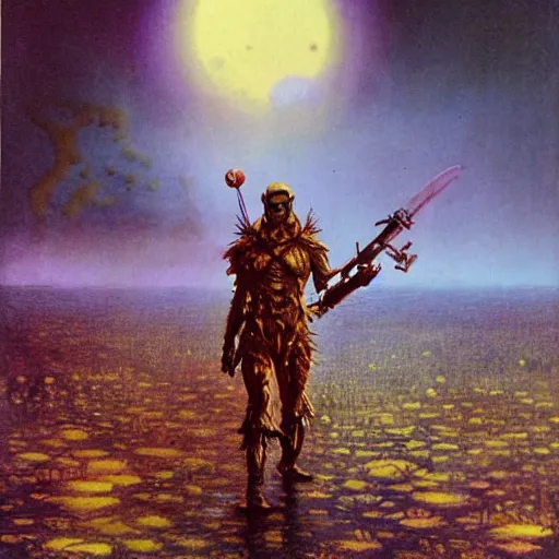 Image similar to sardaukar warrior walking the acid swamps of venus, vintage sci - fi art, by bruce pennington