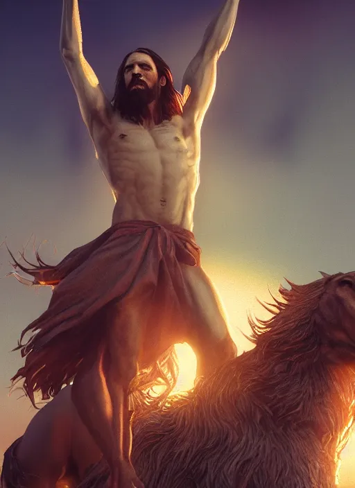 Image similar to jesus gone wild, mega detailed, volumetric lighting, beautiful, golden hour, sharp focus, ultra detailed, cgsociety by Leesha Hannigan, Ross Tran, Thierry Doizon, Kai Carpenter, Ignacio Fernández Ríos, noir photorealism, film”