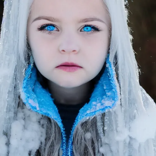 Prompt: ice dust around a frozen girl with white hair and blue eyes