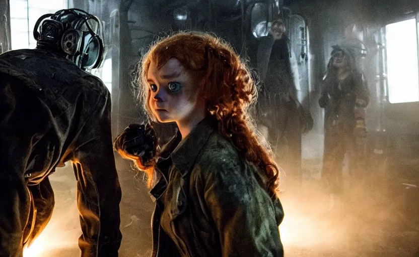 Prompt: scary machine monster grabs sadie sink who's dressed as a miner : a scifi cyberpunk film from 1 9 8 0 s. by steven spielberg and james cameron. low grain film stock. sharp focus. moody cinematic atmosphere, detailed and intricate environment