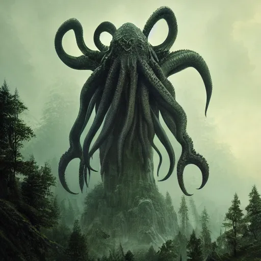 Image similar to cthulhu towering over the forest, 8 k octane beautifully detailed render, post - processing, extremely hyper - detailed, intricate, epic composition, cinematic lighting, masterpiece, trending on artstation, masterpiece, stunning art by anders zorn, wonderful masterpiece by greg rutkowski, beautiful cinematic