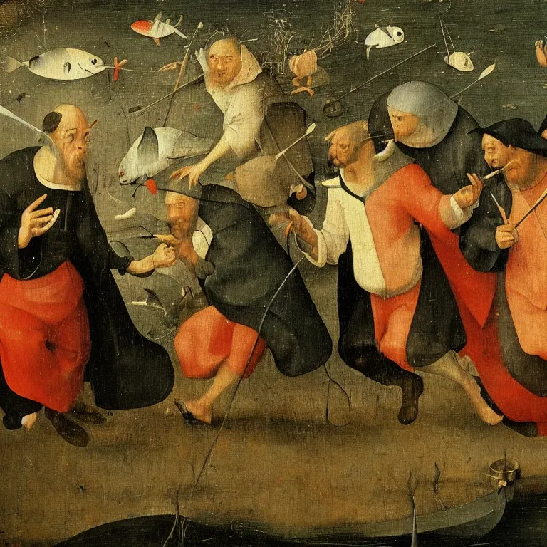 Prompt: The medium shot of three sarcastic mans with fishes running away with a small profit of money, thinking they've made a great deal by Hieronymus Bosch, super detailed oil painting, proportional faces, realistic, 4k, masterpiece