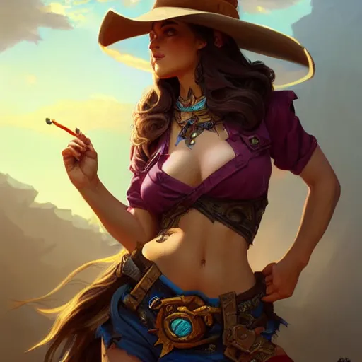 Image similar to beautiful female cowgirl, full body shot, big breast, opened shirt, d & d, fantasy, intricate, elegant, highly detailed, digital painting, artstation, concept art, matte, sharp focus, illustration, hearthstone, art by artgerm and greg rutkowski and alphonse mucha
