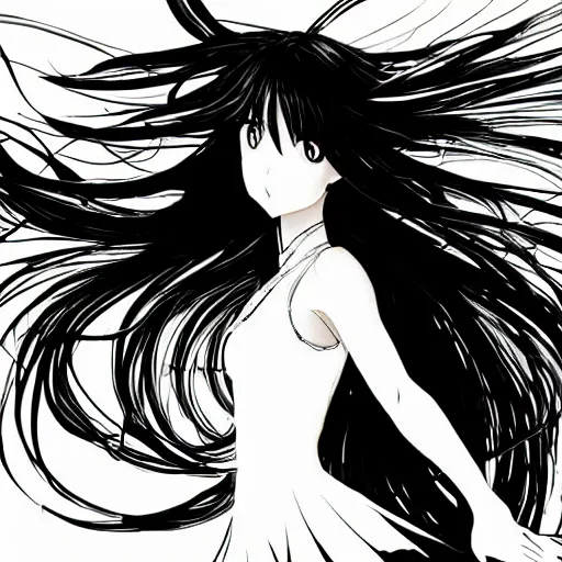 Prompt: Renaissance oil portrait of an anime girl with long white hair fluttering on the wind and black eyes wearing office suit in the style of Yoshitaka Amano drawn with expressive brush strokes, abstract black and white patterns in the backround