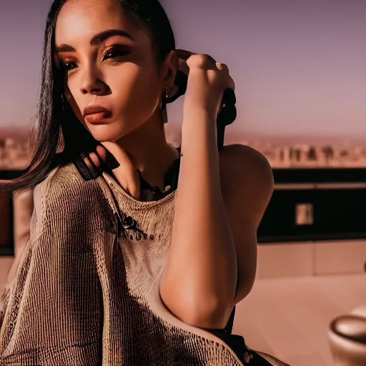 Image similar to photographic portrait of a streetwear woman, closeup, on the rooftop of a futuristic city overlooking a desert oasis, sigma 85mm f/1.4, 4k, depth of field, high resolution, 4k, 8k, hd, full color