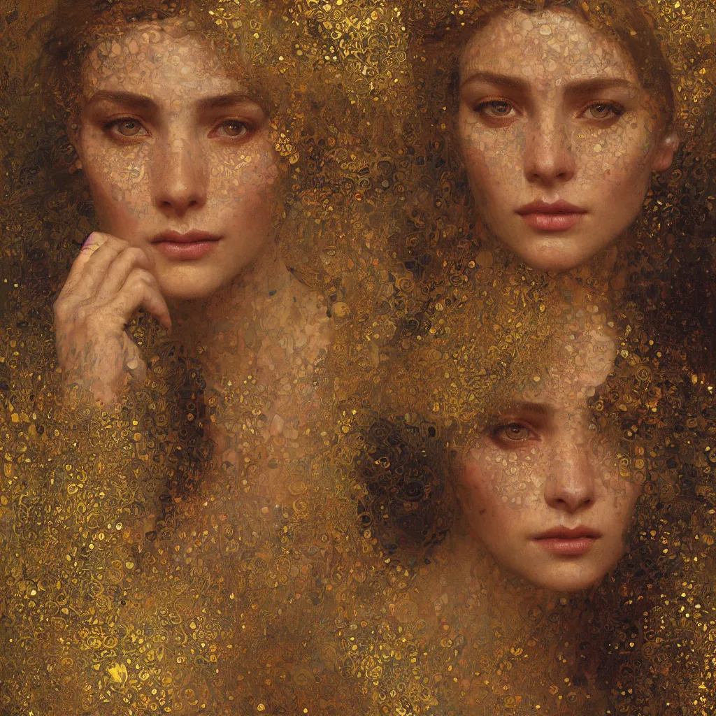 Prompt: seamless intricate klimt golden motives and textures pattern, beautiful young lady face portrait, hyper detailed, octane render, vivid colors, artstation, by jeremy mann, by alphonse mucha, by klimt