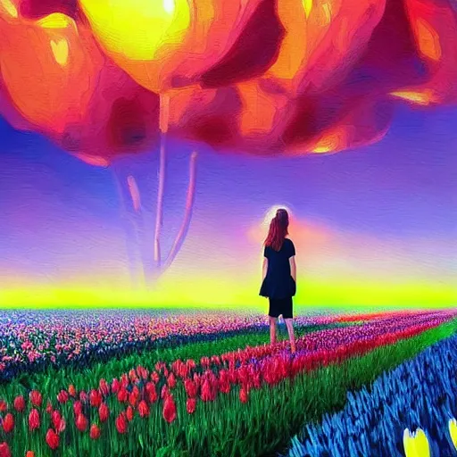 Image similar to large tulip in front of face, girl standing in a flower field, surreal photography, sunrise dramatic light, impressionist painting, colorful clouds, digital painting, artstation, simon stalenhag, flower face