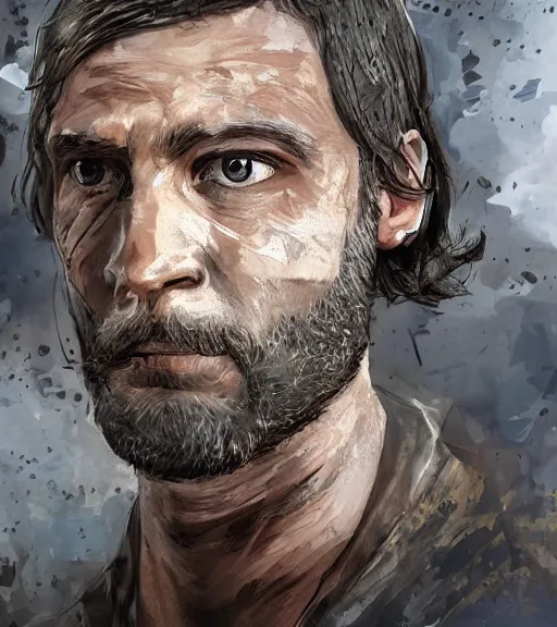 Image similar to portrait of muscular, tired and alcoholic 3 0 - year - old grieving man with short darkblonde hair, serious sad look in his eyes, looking down, dirty beard, blue eyes, crying tears, wearing dirty soldier uniform, on the desert, sad atmosphere, hyper realistic face, character art, art by mark brooks, cryengine, trending on artstation, digital art