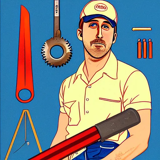 Prompt: realistic portrait of ryan gosling as a mechanic in beret, with a huge wrench, futuristic, highly detailed, 7 0 - s style poster, sharp focus, illustration, art by kawase hasui,