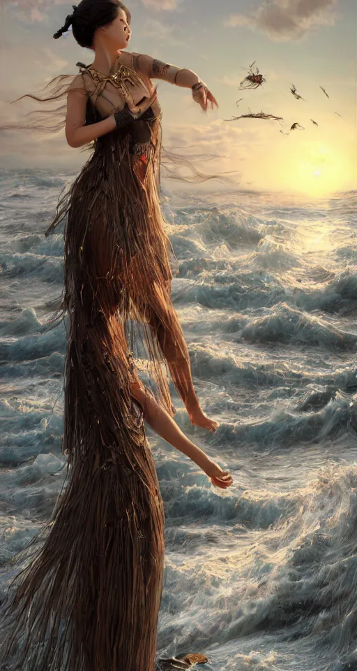 Image similar to ! dream photorealistic long shot of a dark mystical goddess wearing a qipao dress, big sun rough sea and jagged rocks, nets, plastic bottles, garbage, sand and sea, golden hour, ao dai, environmental, fantasy, atmospheric, hyper realistic, artstation, art by artgerm, andres rodriguez and john william waterhouse