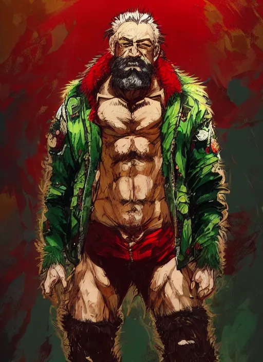 Image similar to Full body portrait of an old muscular man with blonde hair and beard wearing bear skin and red, green and gold jacket. In style of Yoji Shinkawa and Hyung-tae Kim, trending on ArtStation, dark fantasy, great composition, concept art, highly detailed.