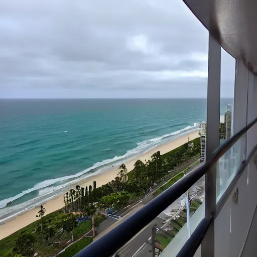 Image similar to a photograph from a high rise balcony overlooking the pacific ocean, gold coast australia, rainy grey afternoon