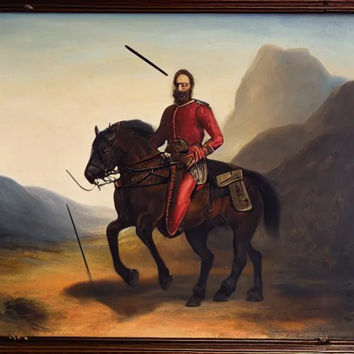 Image similar to portrait oil on canvas of a man mounted on horseback while raising a sword with his right hand pointing north, behind him in the vast distance 1 0 0 warriors can be seen fighting with swords and muskets, light, cloudy, mountains in the background,