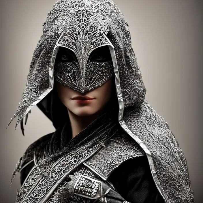 Prompt: photograph of a real-life beautiful assassin with intricate silver robes and daggers. Extremely detailed. 8k