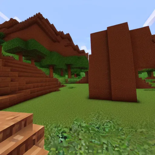 Image similar to a Minecraft world with mountains in the background