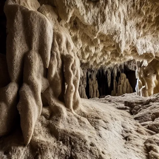 Prompt: deep inside an ancient cave with stalagmites and stalactites, eerie, photography