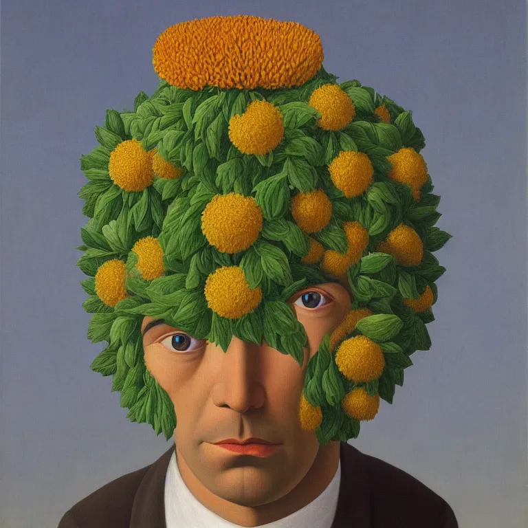Prompt: portrait of a flower - head man by rene magritte, detailed painting, distance, centered, hd, hq, high resolution, high detail, 4 k, 8 k