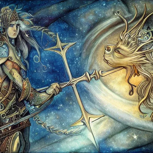 Prompt: detailed and sharp sagittarius artistic zodiac artwork, mystic style, detailed, 8 k, detailed, symmetrical, by brian froud