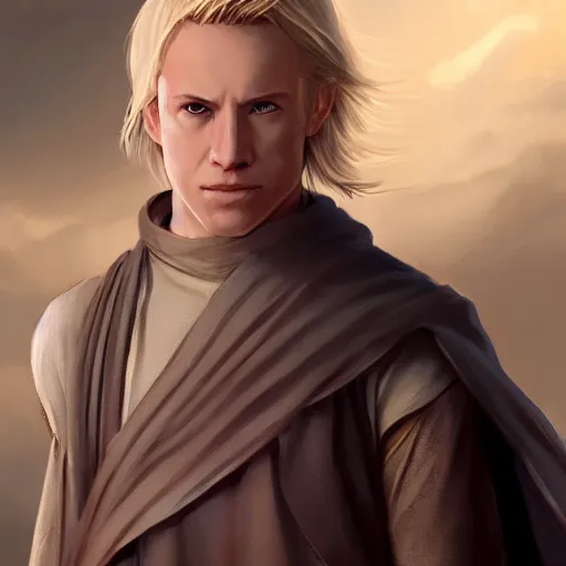 Image similar to a young blonde male jedi full body shot concept art by Doug Chiang cinematic concept art, realistic painting, high definition, digital art, matte painting, symmetrical, very detailed, realistic, dramatic lighting, cinematic, establishing shot, extremly high detail, photo realistic, cinematic lighting, post processed, concept art, artstation, matte painting, concept art by Doug Chiang