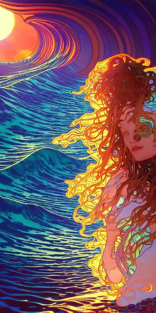 Image similar to ocean wave around psychedelic mushroom, dmt water, lsd ripples, backlit, sunset, refracted lighting, art by collier, albert aublet, krenz cushart, artem demura, alphonse mucha