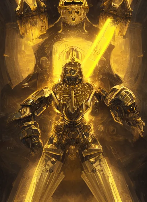 Image similar to dynamic attack position abstract portrait of a intricate glorious holy mechanical warforged character in yellow armor holding a paladin engraved great longsword drawn and carrying a big paladin shield, beam projector when eye is, face in focus, epic , trending on ArtStation, masterpiece, cinematic lighting, by Ross Tran and by Greg Rutkowski