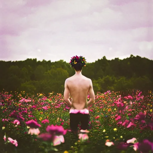 Prompt: kodak portra 4 0 0 photograph of a skinny goth guy standing far back in a field of flowers, back view, flower crown, moody lighting, telephoto, 9 0 s vibe, blurry background, vaporwave colors, faded!,