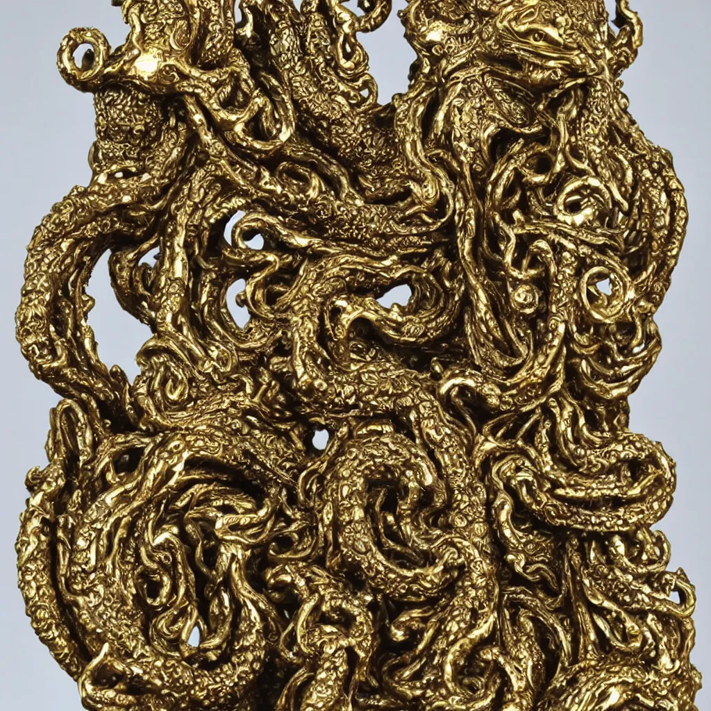 Image similar to statue of cthulhu, ornate, intricate, gold filigree, highlt detailed