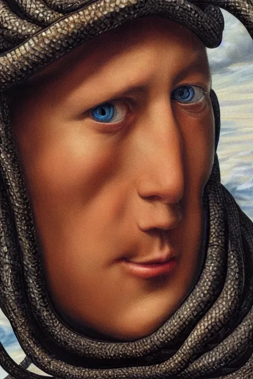 Image similar to hyperrealism oil painting, close - up portrait of face from a tangle of snakes medieval fashion model, knight, steel gradient mixed with nebula sky, in style of baroque