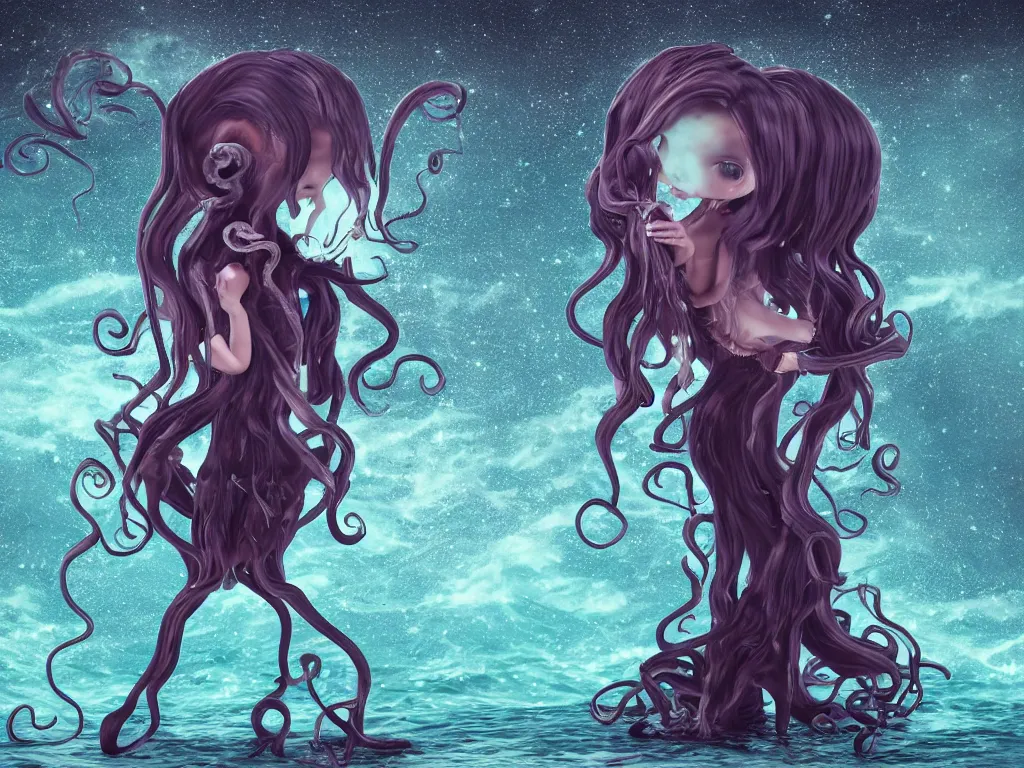 Image similar to cute fumo plush gothic octopus maiden alien girl combing her hair in the waves of the dark galactic abyss, tattered ragged gothic dress, ocean waves and reflective splashing water, ocean simulation, vignette, vray