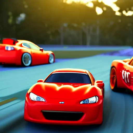 Prompt: An Evo 10 car and a BRZ car kissing each other, Pixar Cars movie style, 3D render, beautiful lighting, the cars have faces, extremely detailed, HDR, 4K, 8K, the lips of the cars are touching, the cars have Disney Pixar faces, kids movie, cute