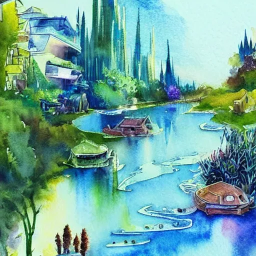 Image similar to Beautiful happy picturesque charming sci-fi town in harmony with nature. Beautiful light. Water and plants. Nice colour scheme, soft warm colour. Beautiful artistic watercolor by Lurid. (2022)