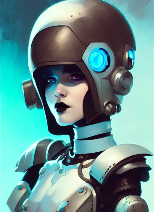 Image similar to portrait of cute goth girl in cyber armor, warhammer, by atey ghailan, by greg rutkowski, by greg tocchini, by james gilleard, by joe fenton, by kaethe butcher, dynamic lighting, gradient light blue, brown, blonde cream and white color scheme, grunge aesthetic