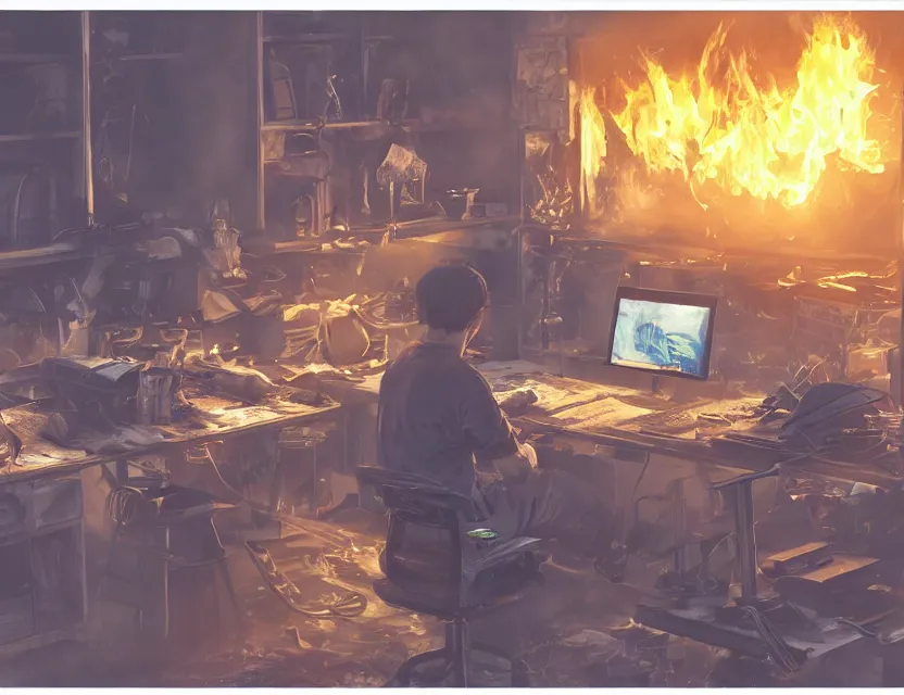 Prompt: a man works at a workstation in a very hot office with burning fires, close up, featured in artstation, intricate, ultra detailed, concept art, wide - angle lens, unreal engine, sharp focus, illustration, 8 k