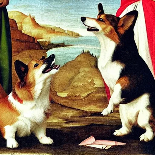 Image similar to happy corgi dog, renaissance art style