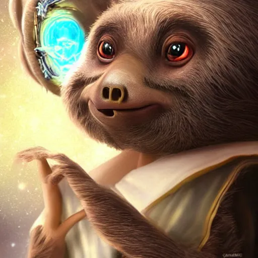 Image similar to epic professional digital airbrushed portrait art of a cute baby sloth dressed as a magician,, best on artstation, cgsociety, wlop, Behance, pixiv, cosmic, epic, stunning, gorgeous,, masterpiece by Dorian Cleavanger and Stanley Lau,