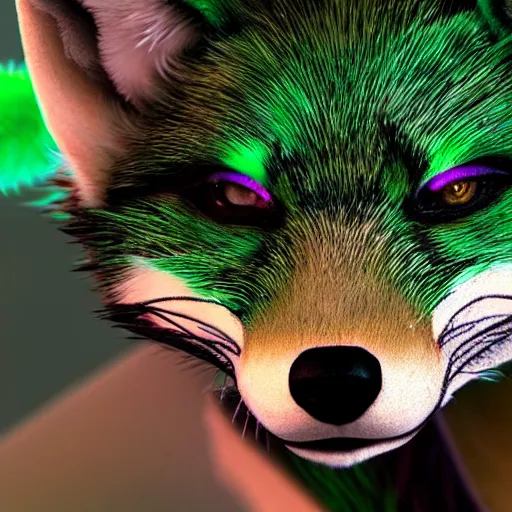 Image similar to close up of photorealistic green fox with green fur and glowing magenta eyes, wearing a black hoodie