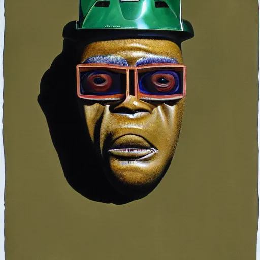 Image similar to beautiful lifelike painting of mf doom forgets his pot holders, hyperreal detailed facial features and uv lighting, art by ed roth and basil wolverton