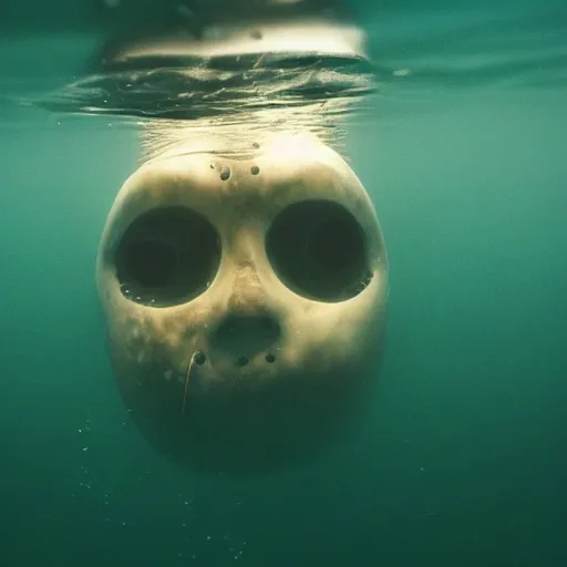 Image similar to submerged, monster waiting, only to see two black eyes staring back from the depths of the water, feet dangling over an unmeasurable depth, cinematic