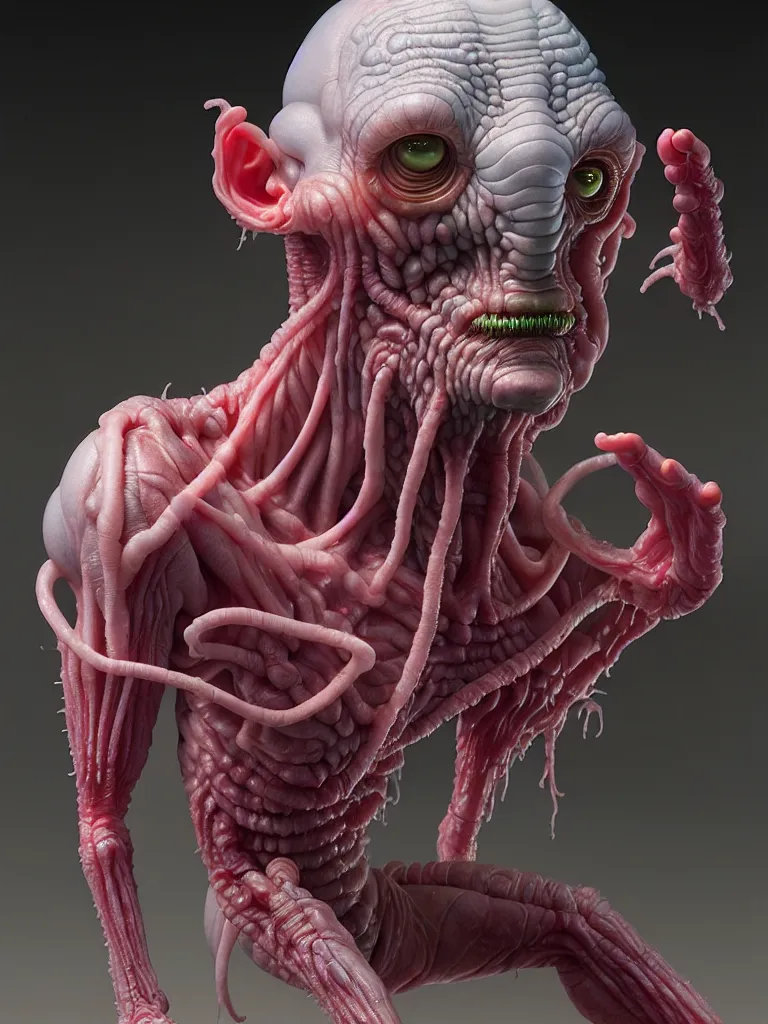 Image similar to hyperrealistic rendering, fat smooth cronenberg flesh monster transparent grey alien by donato giancola and greg rutkowski and wayne barlow and zdzisław beksinski, product photography, action figure, sofubi, studio lighting, colored gels