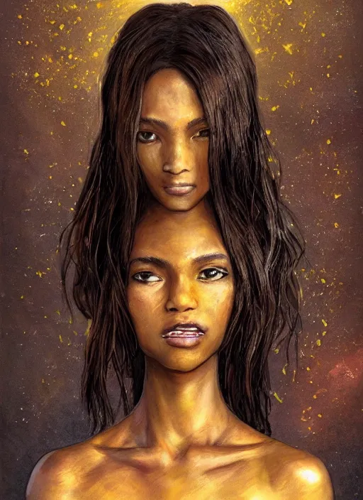 Image similar to An epic fantasy comic book style portrait painting of a short, dark-skinned, slender girl with short auburn hair that comes almost to her shoulders with brown eyes that look almost black with flecks of gold in them. The gold flecks flare up when she’s agitated. She has a medium-sized scar on the upper right side of her head, unreal 5, DAZ, hyperrealistic, octane render, cosplay, RPG portrait, dynamic lighting