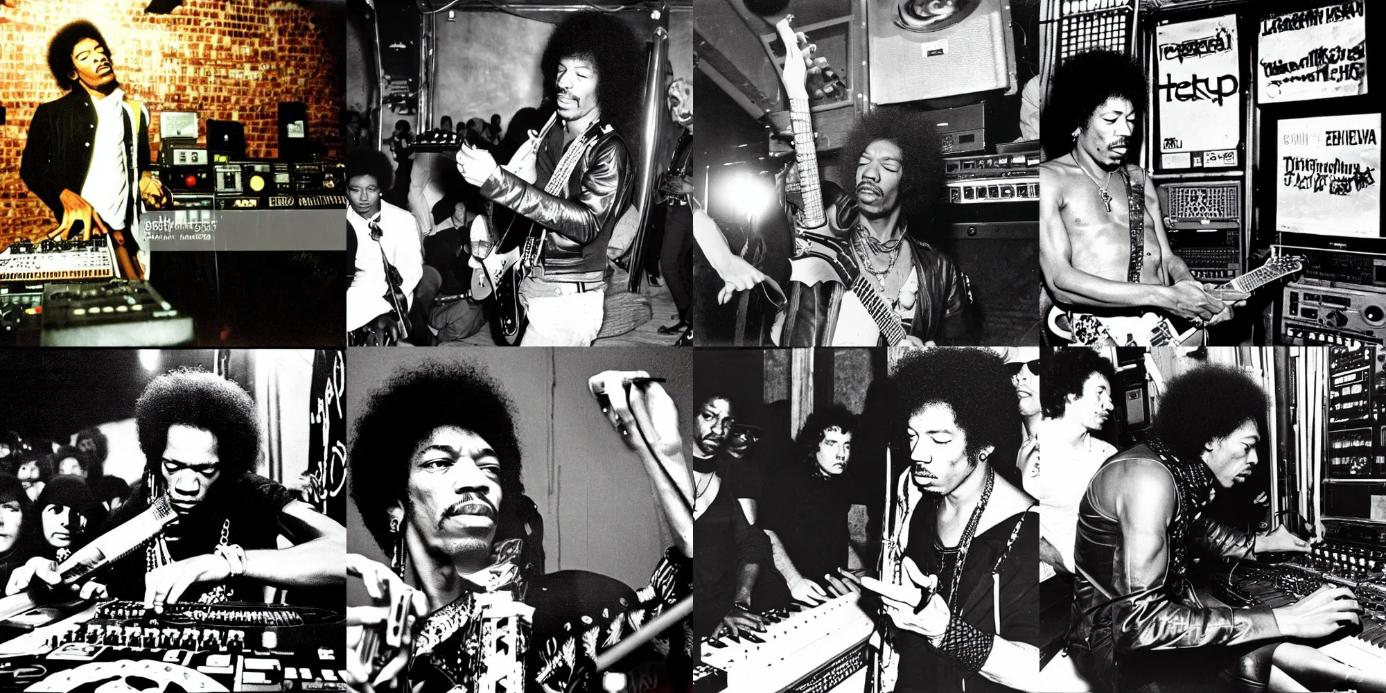 Prompt: Jimi hendrix playing a techno set in berlin underground club