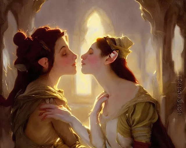 Prompt: romantic fantasy oil painting of a female elf and a female dwarf kissing. fantasy art by greg rutkowski and john singer sargent