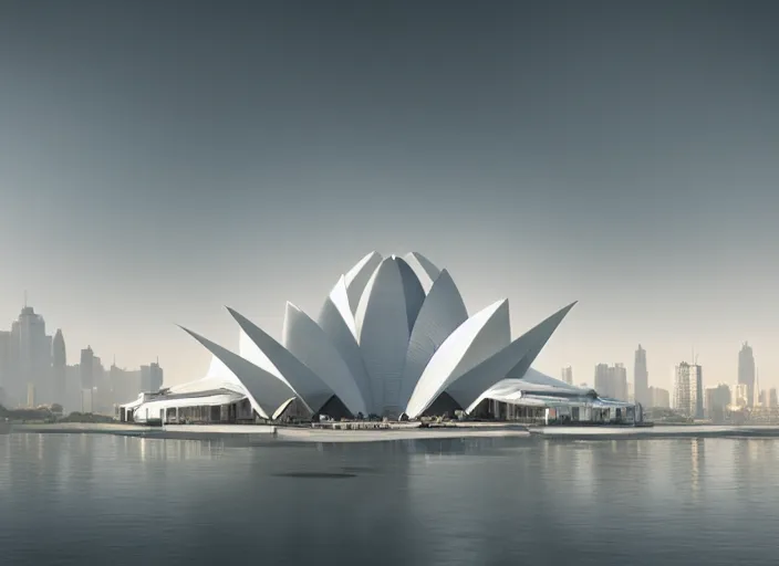 Image similar to cult of technology, exterior, scifi, machines, robots, ultra realistic, transparent labs, metallic surface, highly detailed, white, lotus temple, futuristic landscape, city, utopian architecture, atmosphere, masterpiece, portals, epic lighting, glow, mysterious, 4 k, cinematic, art by patryk olkiewicz and chris ostrowski and liang yao