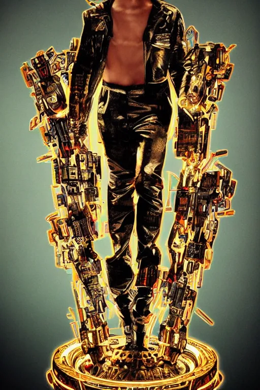 Image similar to full-body bladerunner style sculpture of a young handsome Latino prince as a half cibernetic android with a chest opening exposing circuitry and electric sparks, glowing laser beam eyes, crown of giant diamonds, flowing neon-colored silk, fabric, raptors. baroque elements. full-length view. baroque element. intricate artwork by caravaggio. reflective surfaces. Trending on artstation, octane render, cinematic lighting from the right, hyper realism, octane render, 8k, depth of field, 3D