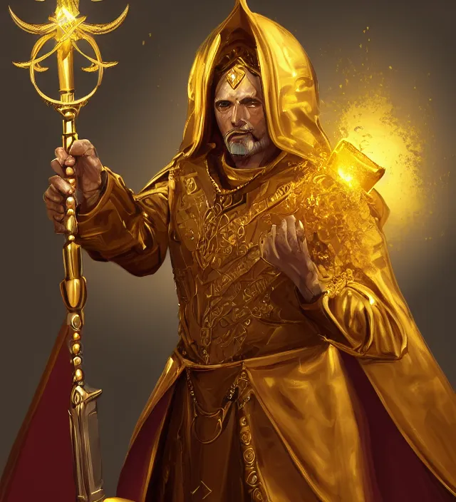 Prompt: a golden priest with a power and a scepter in his hands, digital art, concept art, high detailed