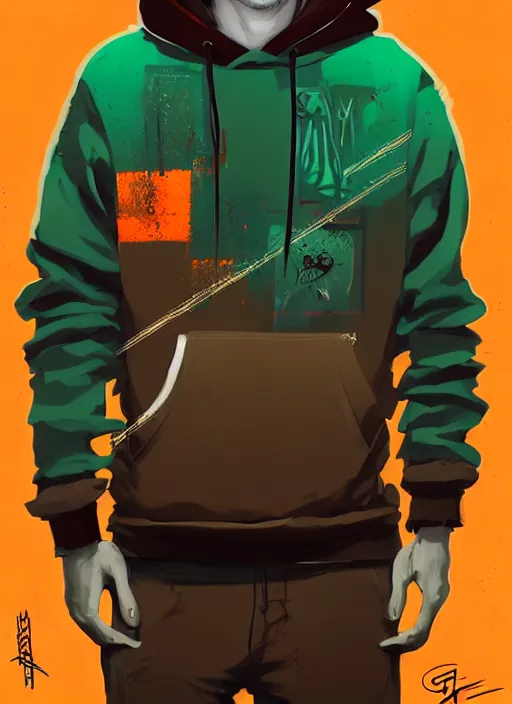 Image similar to highly detailed portrait of a sewer style seattle student, tartan hoody, by atey ghailan, by greg rutkowski, by greg tocchini, by james gilleard, by joe fenton, by kaethe butcher, gradient green, brown, blonde crea, orange, brown and white color scheme, grunge aesthetic!!! ( ( graffiti tag wall background ) )