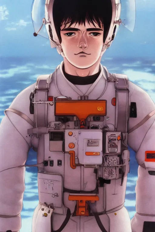 Image similar to Kodak portra 160, 8K, highly detailed, moebius seinen manga 3/4 closeup portrait, clear eyes, focus on moebius anti-g flight suit, tilt shift moebius background: famous french artist in moebius anime remake, aircraft carrier scene