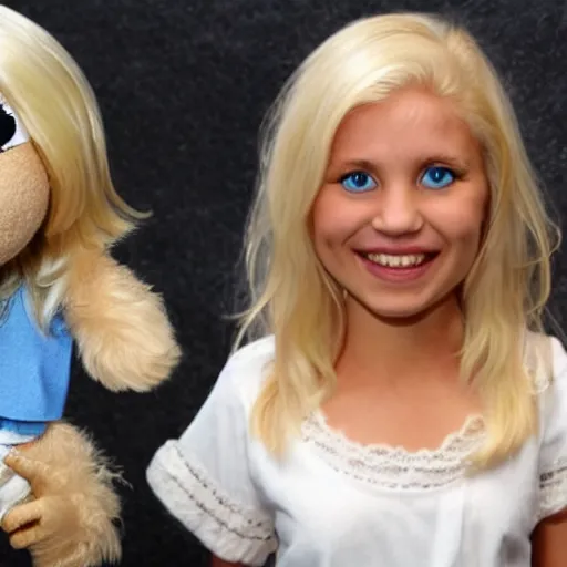 Prompt: very very cute blonde female muppet with blue eyes